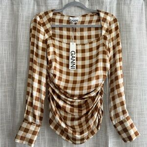 GANNI silk checkered top